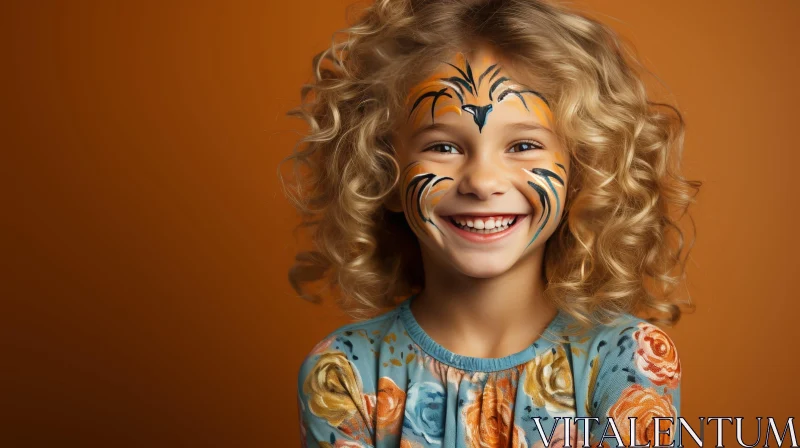 Joyful Young Girl with Tiger Face Paint on Orange Background AI Image