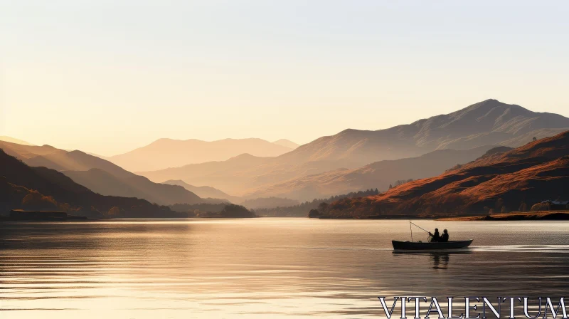 Tranquil Lake and Mountain Landscape with Fishing Boat AI Image
