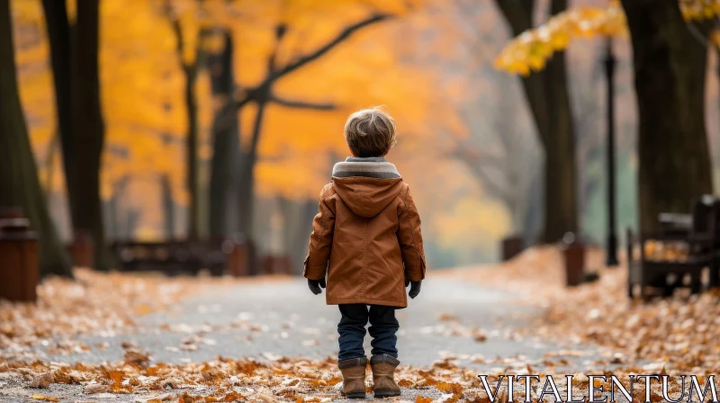 Autumn Park Scene with Boy Walking Among Fallen Leaves AI Image