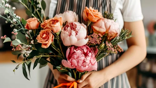 Beautiful Woman with Colorful Flower Bouquet