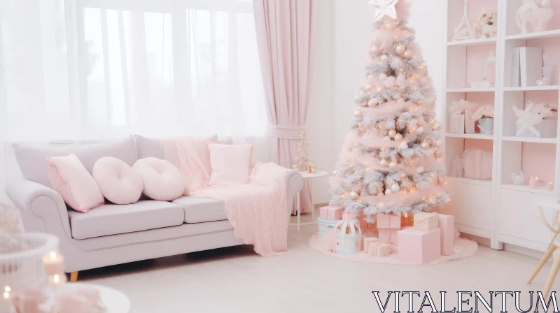 AI ART Christmas Decor: Cozy Living Room with Pink and White Theme