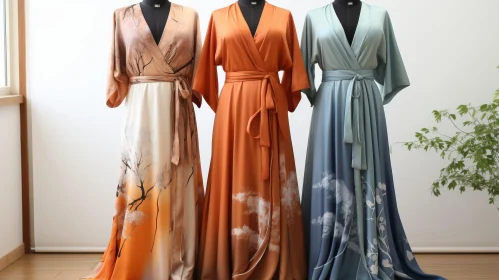 Luxurious Silk Kimono Robes in Orange, Brown, and Blue