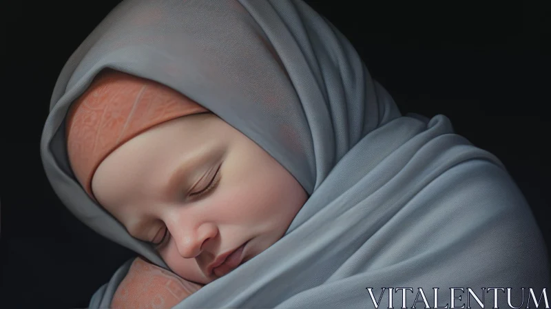 Sleeping Baby Girl Portrait in Blue Hijab AI Image