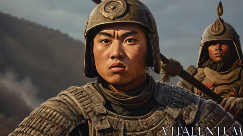 Ancient Asian Warrior Portrait in Mountain Landscape AI Image