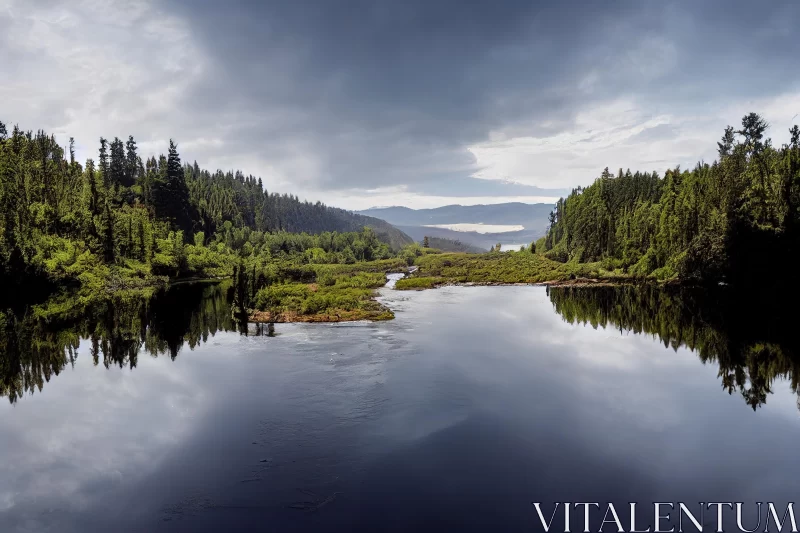 Norwegian Nature: Serene River and Cloudy Sky in Forestpunk Style AI Image