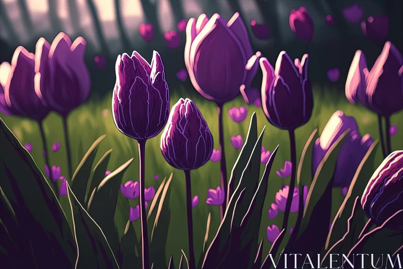 Purple Tulips in Green Field - Detailed Character Illustrations AI Image