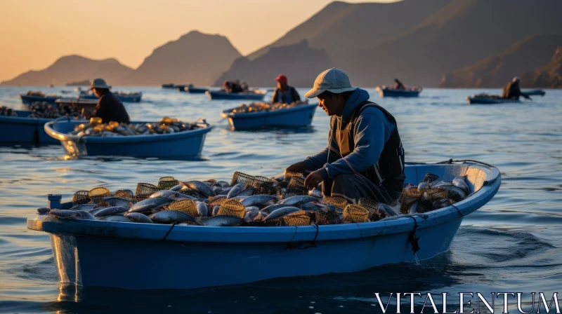 AI ART Tranquil Sea Scene: Fishermen's Catch at Sunset