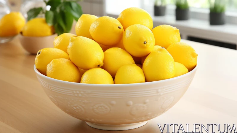 AI ART Bright Yellow Lemons in White Bowl on Wooden Table