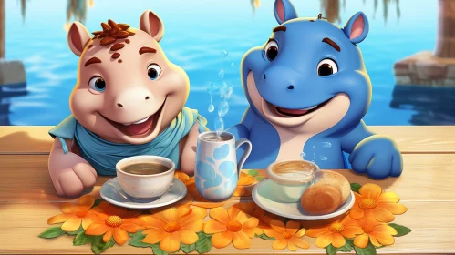 Cheerful Hippos at Table with Flowers