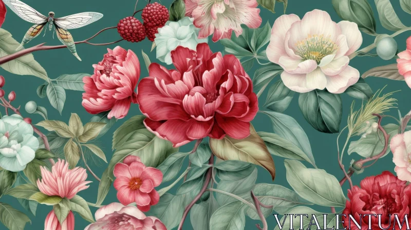 Dark Green Floral Pattern with Peonies and Roses AI Image