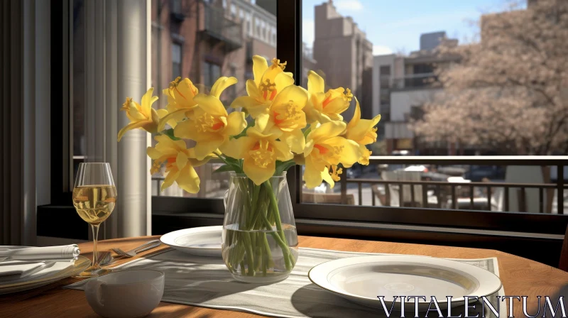 AI ART Elegant Dining Table with Yellow Daffodils and City View