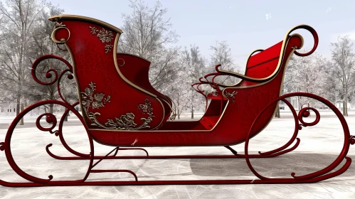 Enchanting Red and Gold Sleigh on Snowy Field