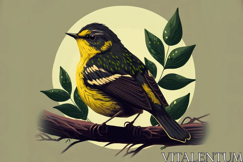Highly Detailed Bird Illustration on Branch with Green Leaves AI Image