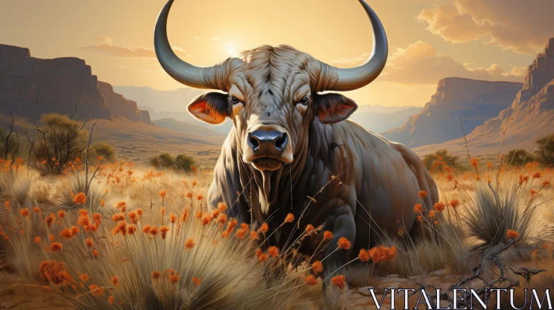 AI ART Majestic Bull in Field at Sunset
