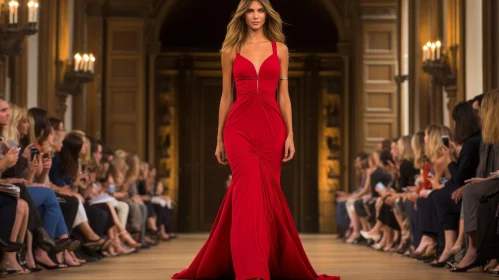 Stylish Fashion Model in Red Dress on Runway