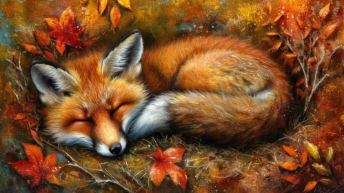 Tranquil Red Fox Sleeping Among Fallen Leaves