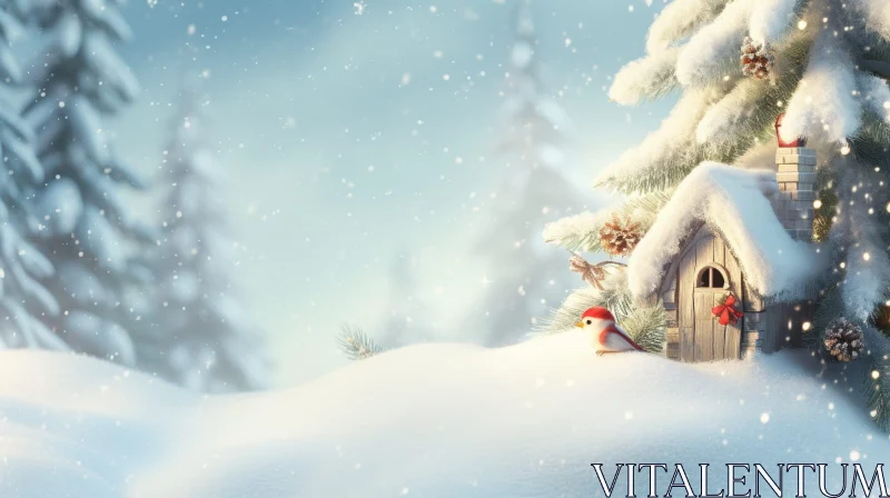 Winter Forest Birdhouse Scene AI Image