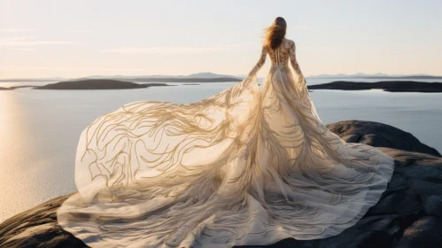 Woman in Wedding Dress by the Sea at Sunset