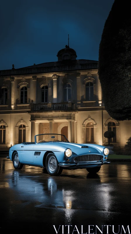 Blue Sports Car Parked in Front of Mansion by Waterfall at Night AI Image