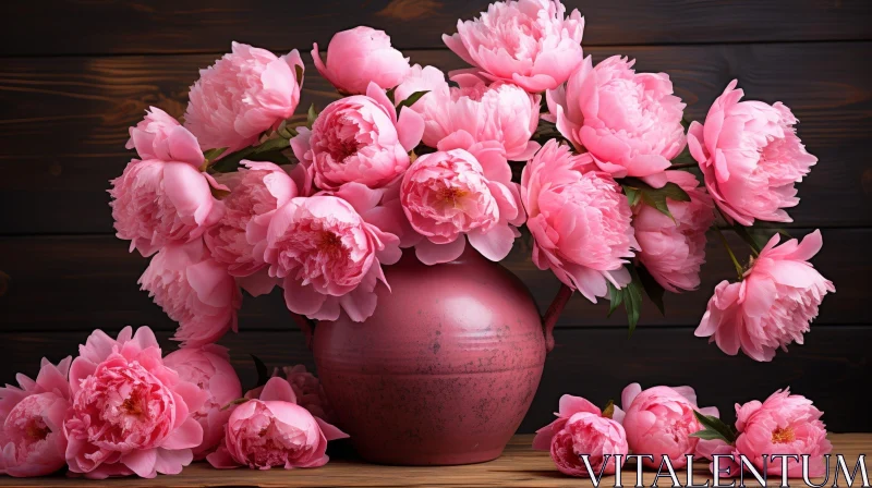 Pink Peonies Still Life on Wooden Table AI Image