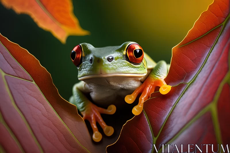 Vibrant Frog Peeking Out of Leaf | Exotic Flora and Fauna AI Image
