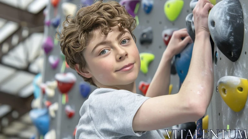 Young Boy Rock Climbing on Indoor Wall AI Image