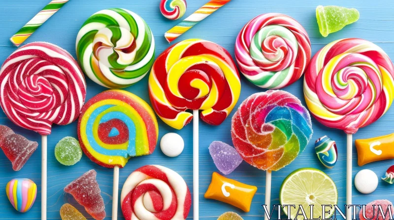 Colorful Lollipops and Candies on Blue Wooden Background AI Image