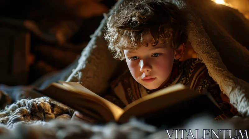 Cozy Reading Time: Young Boy Under Blanket with Book AI Image