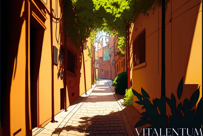 Enchanting Manga-Inspired Alley with Buildings and Trees AI Image