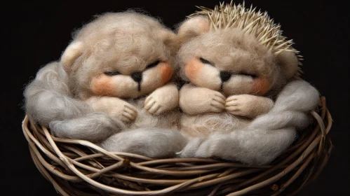 Adorable Woolen Animals Sleeping in Nest - Close-Up View