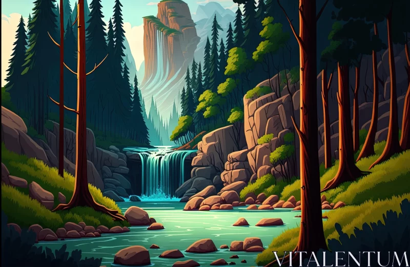 Captivating Waterfall and Forest Digital Painting | Vibrant Cartoon Style AI Image