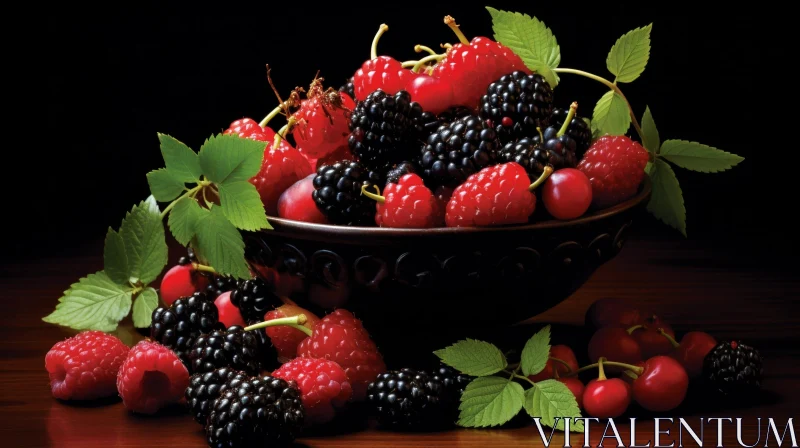 Dark Brown Bowl of Berries on Wooden Table AI Image