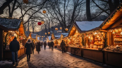 European Christmas Market in Park with Festive Atmosphere