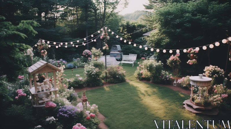 Enchanting Garden Scene with Flowers and String Lights AI Image