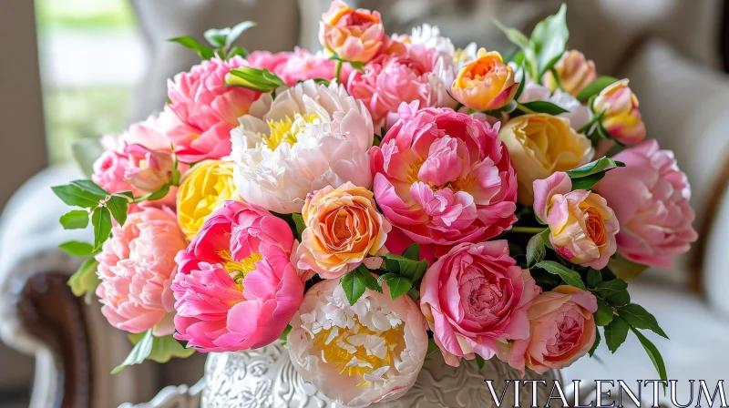 Exquisite Bouquet of Peonies and Roses in a Living Room AI Image