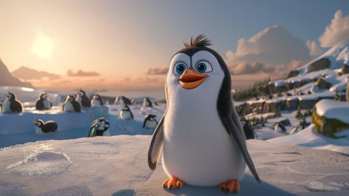 Happy Penguin on Ice at Sunset