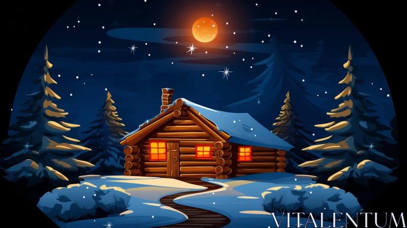 Winter Cabin Serenity - Snowy Landscape with Log Cabin AI Image