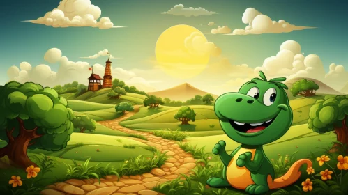 Cheerful Cartoon Landscape with Green Dinosaur and Castle