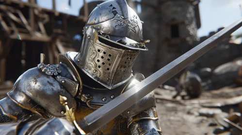 Knight in Armor 3D Rendering - Ruined Castle Scene