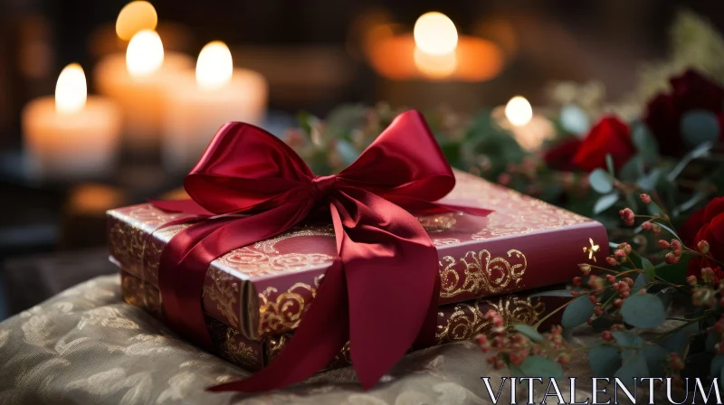 AI ART Luxurious Holiday Gift Box with Red Ribbon and Candles