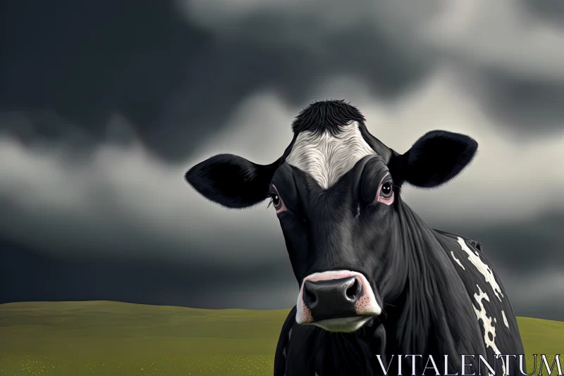 Black Cow in Field: Aggressive Digital Illustration with Realistic Portraits AI Image