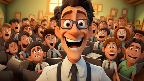 Cheerful 3D Cartoon Teacher with Students in Classroom