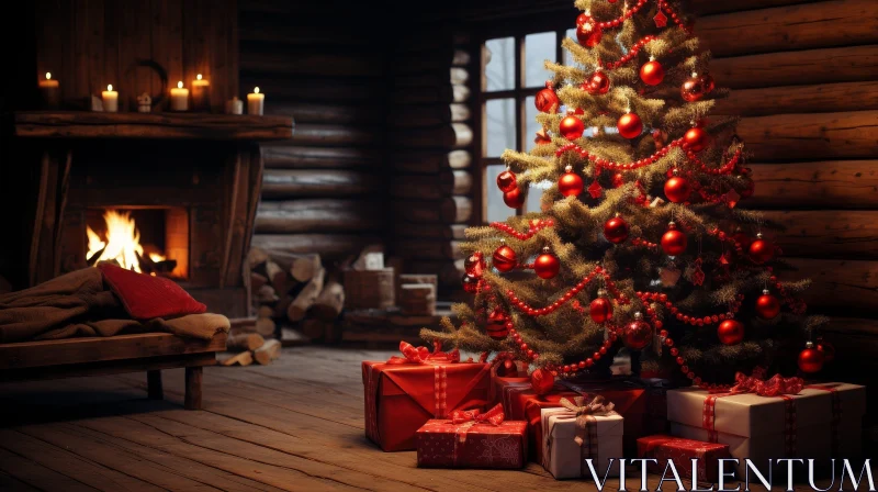 Cozy Christmas Living Room with Fireplace and Tree AI Image
