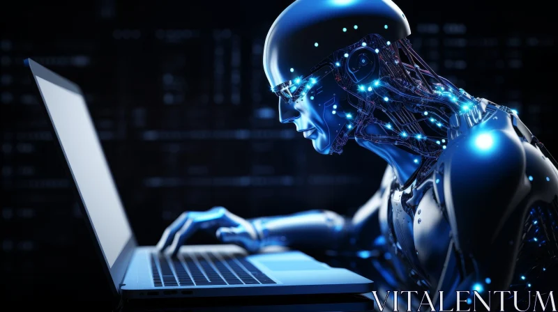 AI ART Futuristic Robot Typing on Laptop in Dark Scene
