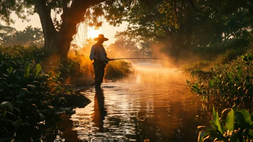 Man Fishing in River at Sunrise