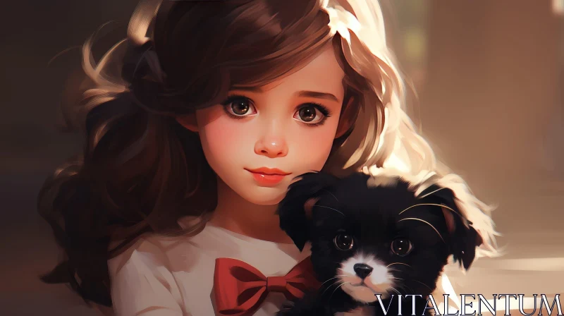 Young Girl Portrait with Dog in Realistic Style AI Image