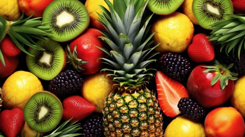 Delicious Fruit Composition - Fresh Pineapples, Kiwis, Strawberries, Blackberries