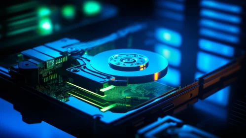 Detailed Close-up of Hard Disk Drive (HDD) on Blue Surface