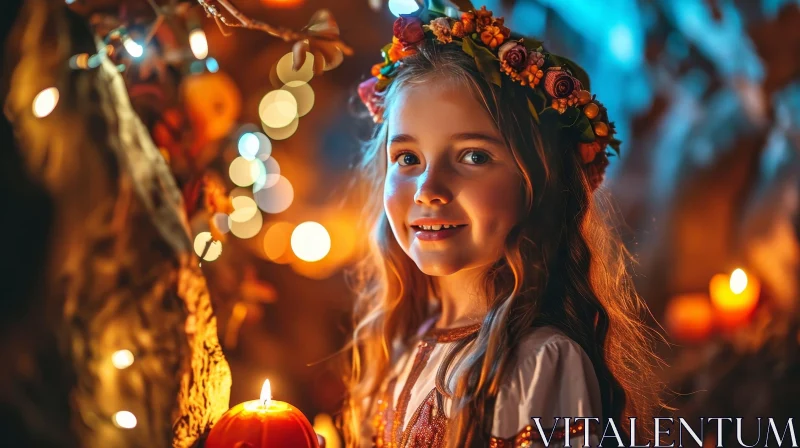 Enchanting Girl with Candle and Flowers AI Image