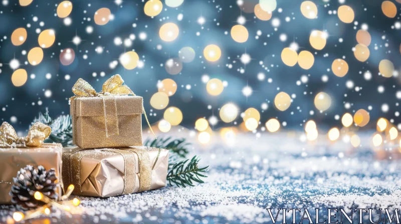 Golden Gift Boxes on Snowy Surface - Christmas Illustration AI Image